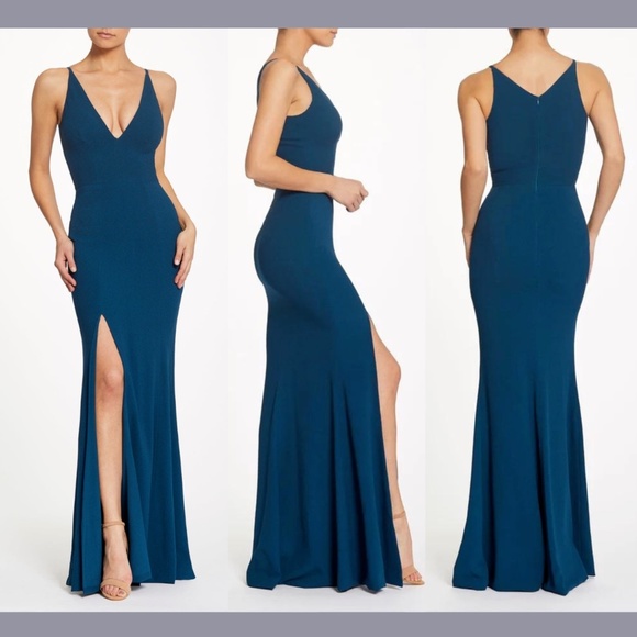NWT Dress the Population [ XXS ]‎ Iris Crepe Trumpet Gown in Peacock